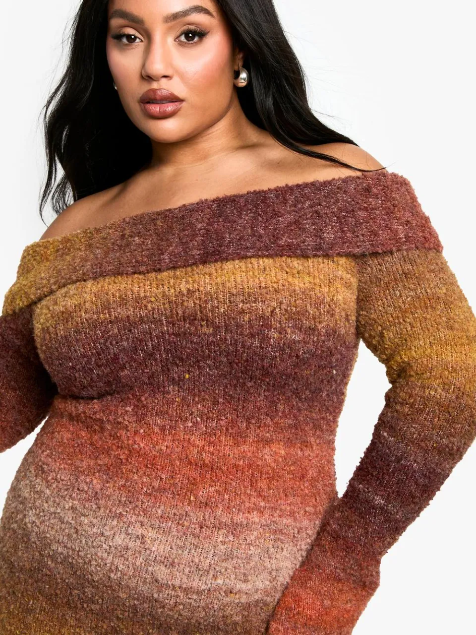 boohoo Dames Plus Ombre Fluffy Knit Bardot Minjurk roest, foto 4