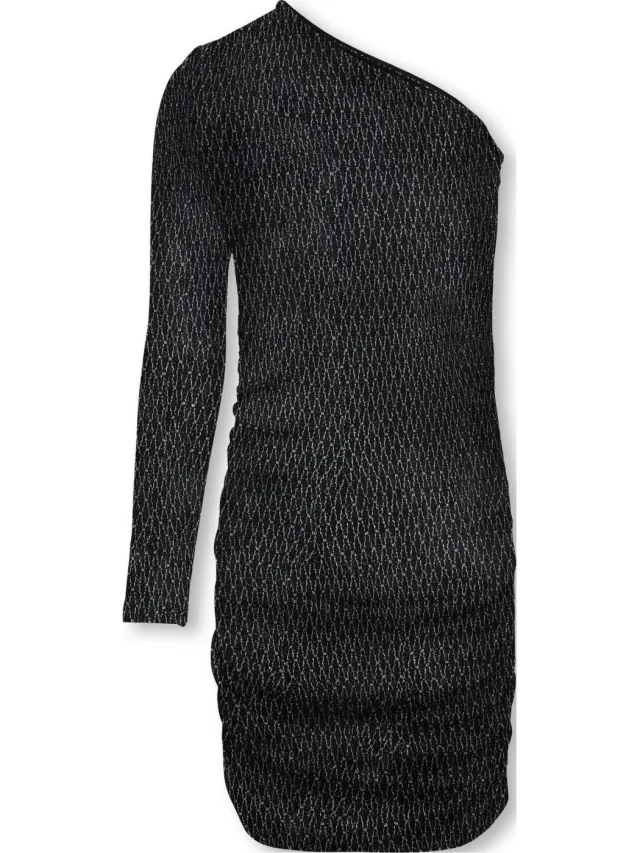 Only one shoulder jurk met glitters zwart/zilver