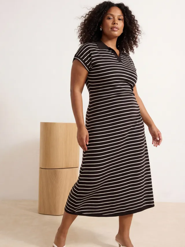 Trendyol Curve Dames Zwart Gestreept Midi Kort Casual A-lijn Grote maten Jurk