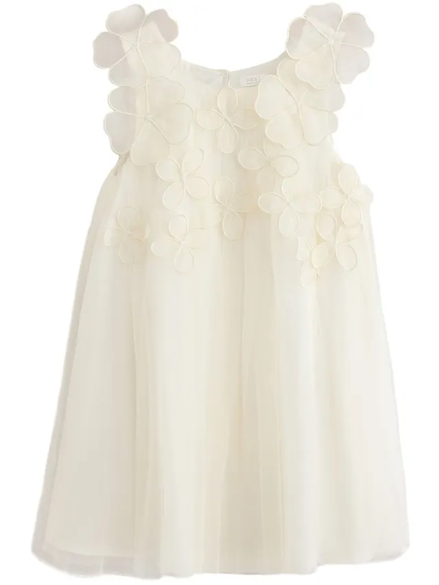 Next Meisjes - Flower Girl mesh jurk met 3D bloemen - Crème Ivory