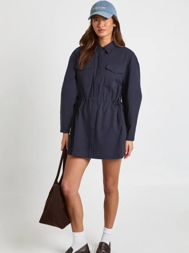 boohoo Dames Keperstof Blousejurk Met Knoopsluiting En Zakdetail Marineblauw