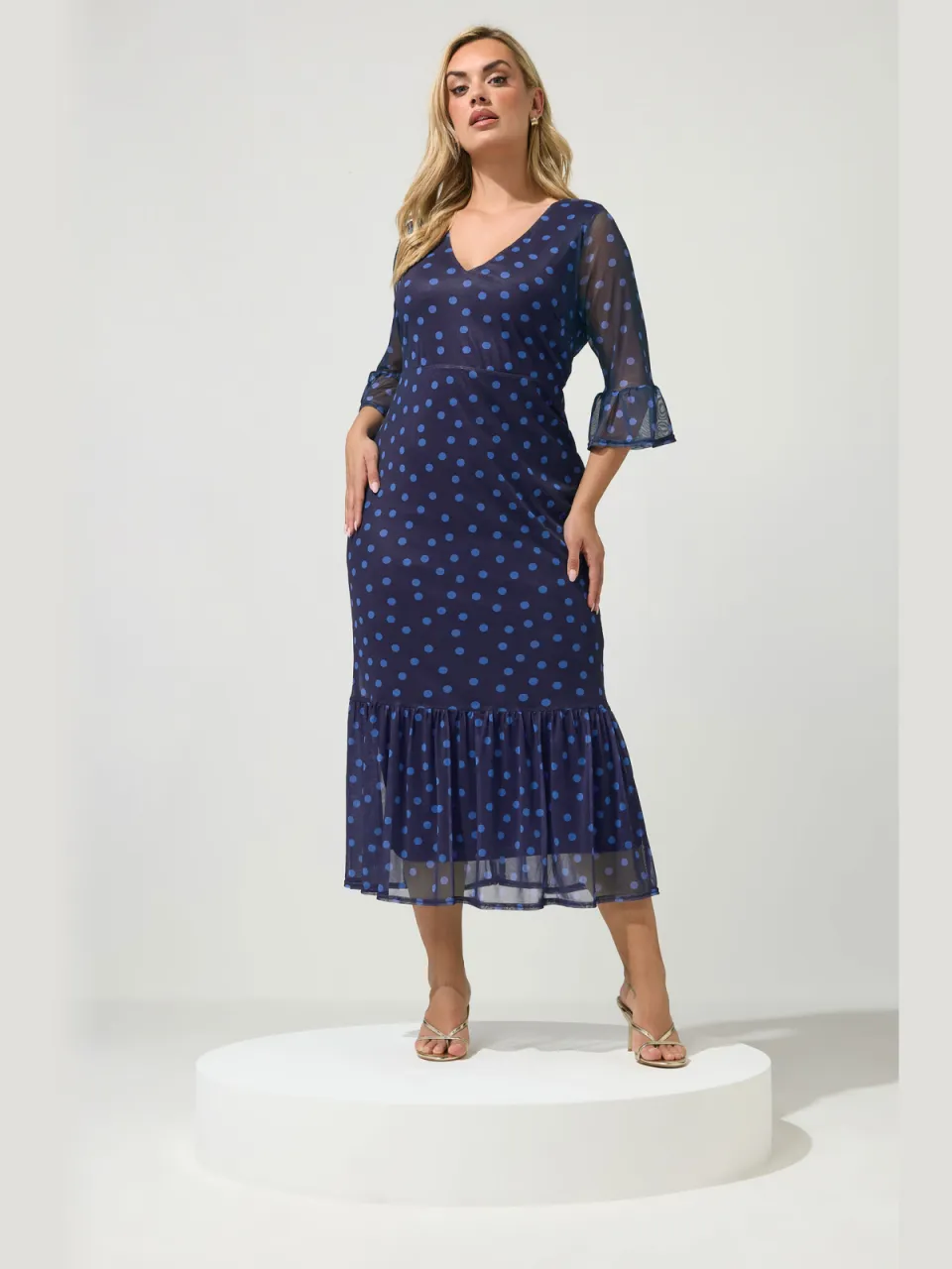 Yours London Marineblauwe Jurk Met Polkadots En Mesh, Gelaagd, foto 2