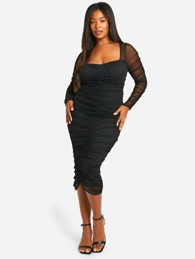 boohoo Dames Plus Mesh Geruched Midi Jurk Zwart
