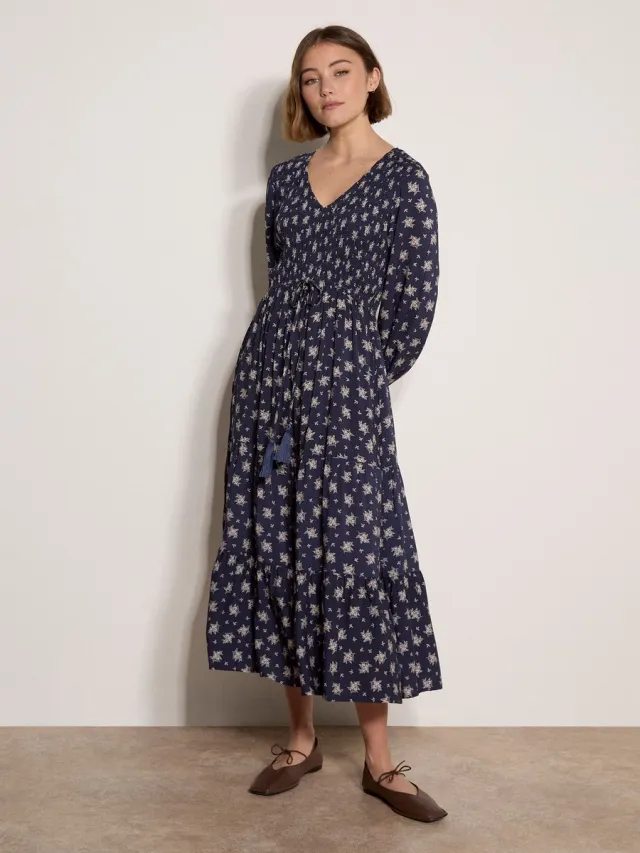 Apricot Midi-jurk met bloemenprint en smockwerk Marine