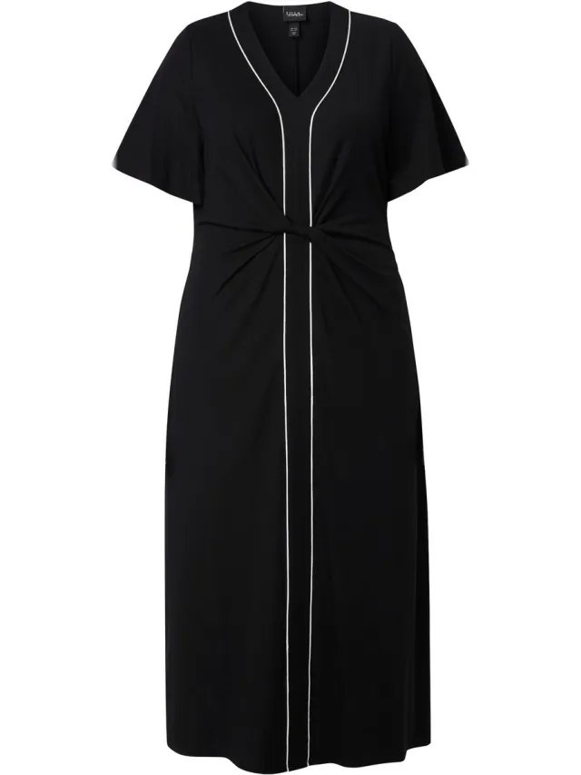 Ulla Popken Dames - Maxi-jurk biesjes A-lijn V-hals korte klokmouwen - Zwart - Maat 62+