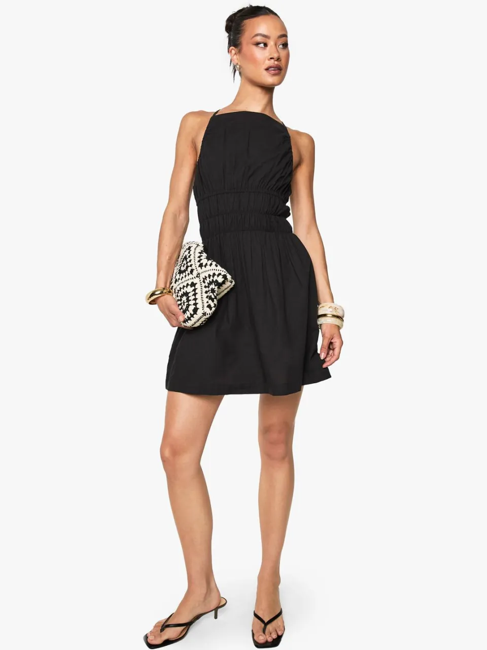 boohoo Dames Tall Linnenlook Jurk met Ruche Details Zwart