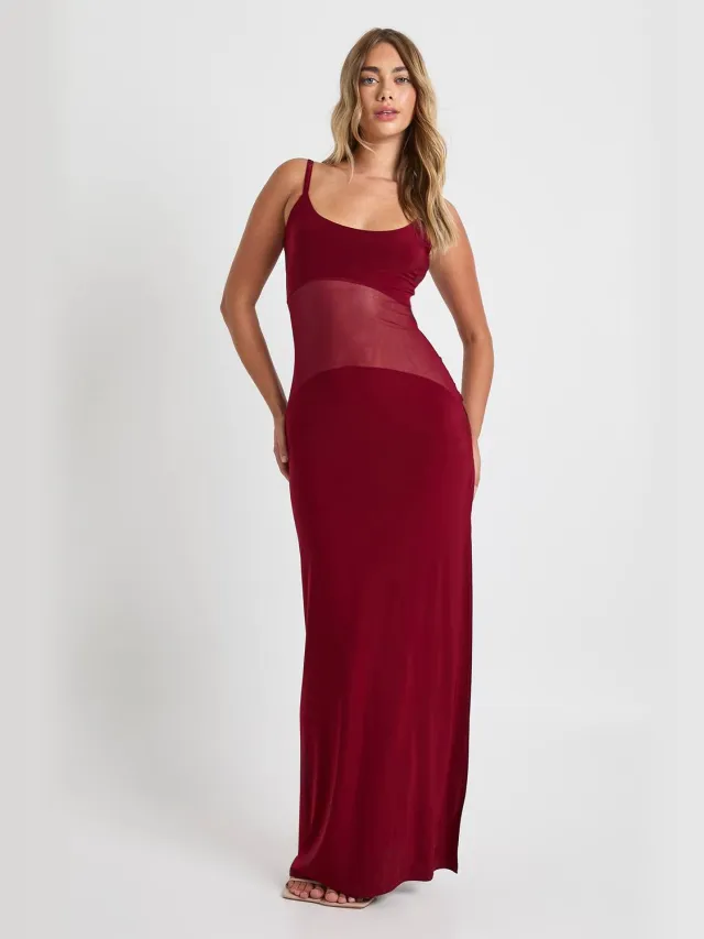 boohoo Dames Maxi-jurk van doorzichtig gaas met verlaagde taille Bordeaux Rood