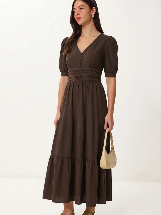 Happiness Istanbul Dames Katoenen Poplin Maxi-jurk Bruin