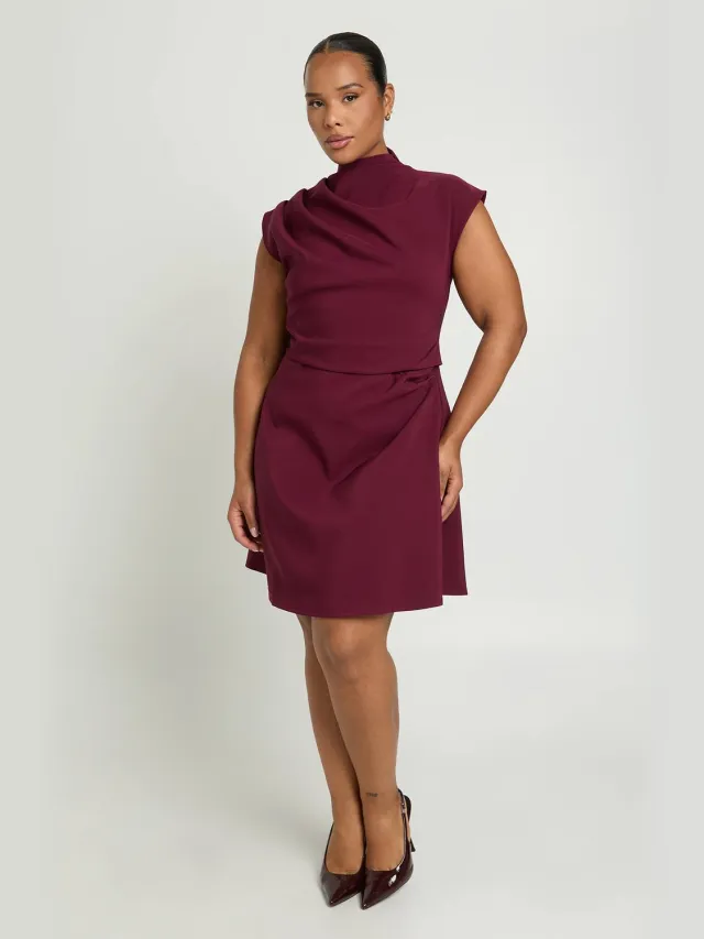 boohoo Dames Plus Hoge Hals Skater Jurk Met Geplooid Detail Wijn