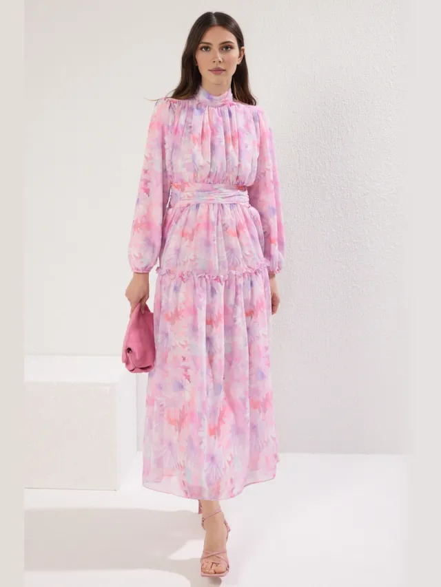Trendyol Modest Dames Paars Bloemen Maxi Lang Casual Skater Modest Jurken Lila