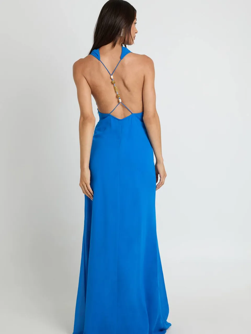 boohoo Dames Lange Chiffon Maxi Jurk Met Hoge Waterval Hals En Open Rug kobaltblauw, foto 3