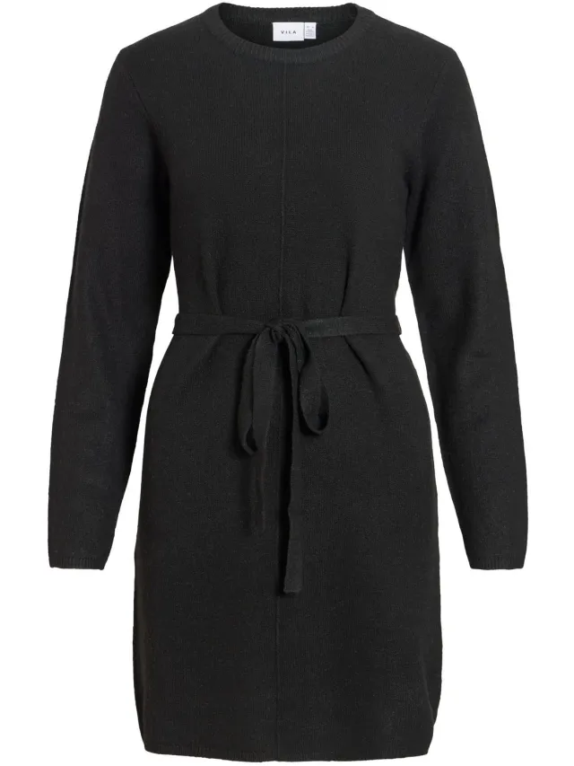 Vila Jurk Viliga L/s O-neck Belted Knit Dress 14115888 Black Beauty Dames Maat Zwart