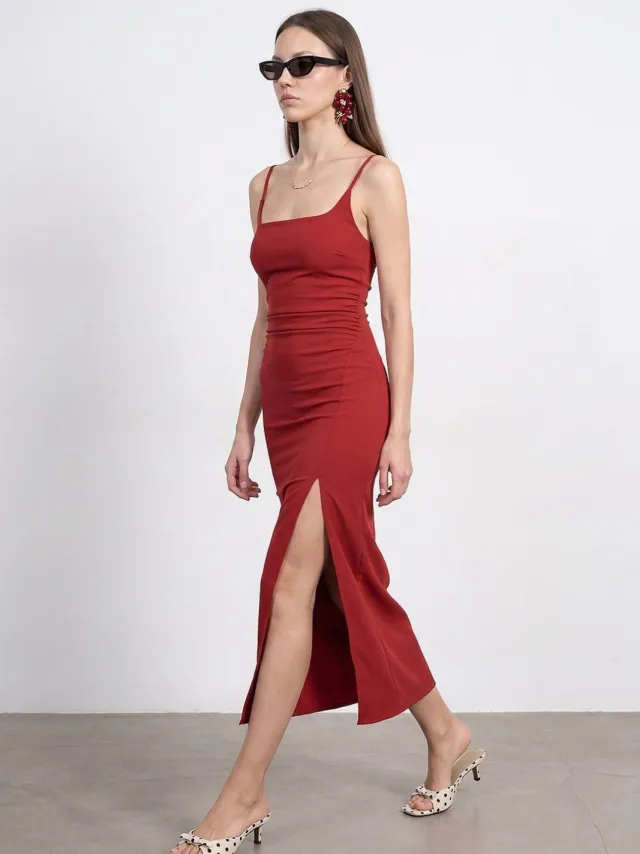Dilvin Dames Mouwloze Bodycon Midi Jurk Donkerrood