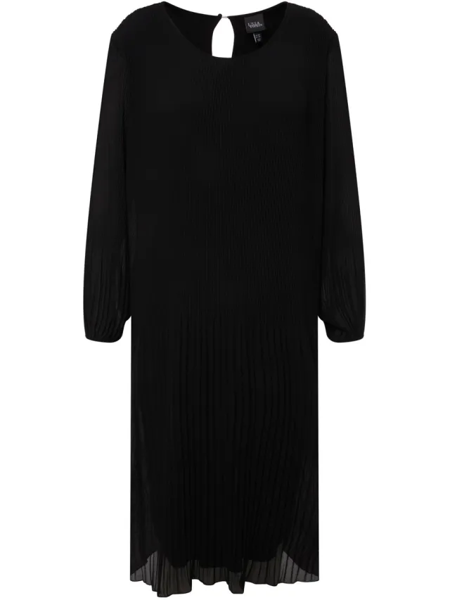 Ulla Popken Dames - Geplooide midi-jurk A-lijn ronde hals lange mouwen - Zwart - Maat 50+