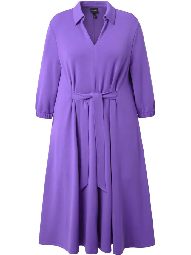 Ulla Popken Dames - Sweatjurk A-lijn overhemdkraag 3/4-mouwen modalmix - Purper - Maat 54+