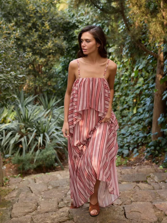 Trendyol TRENDYOLMİLLA Dames Roze Gestreept Maxi Mouwloos A-lijn Jurken