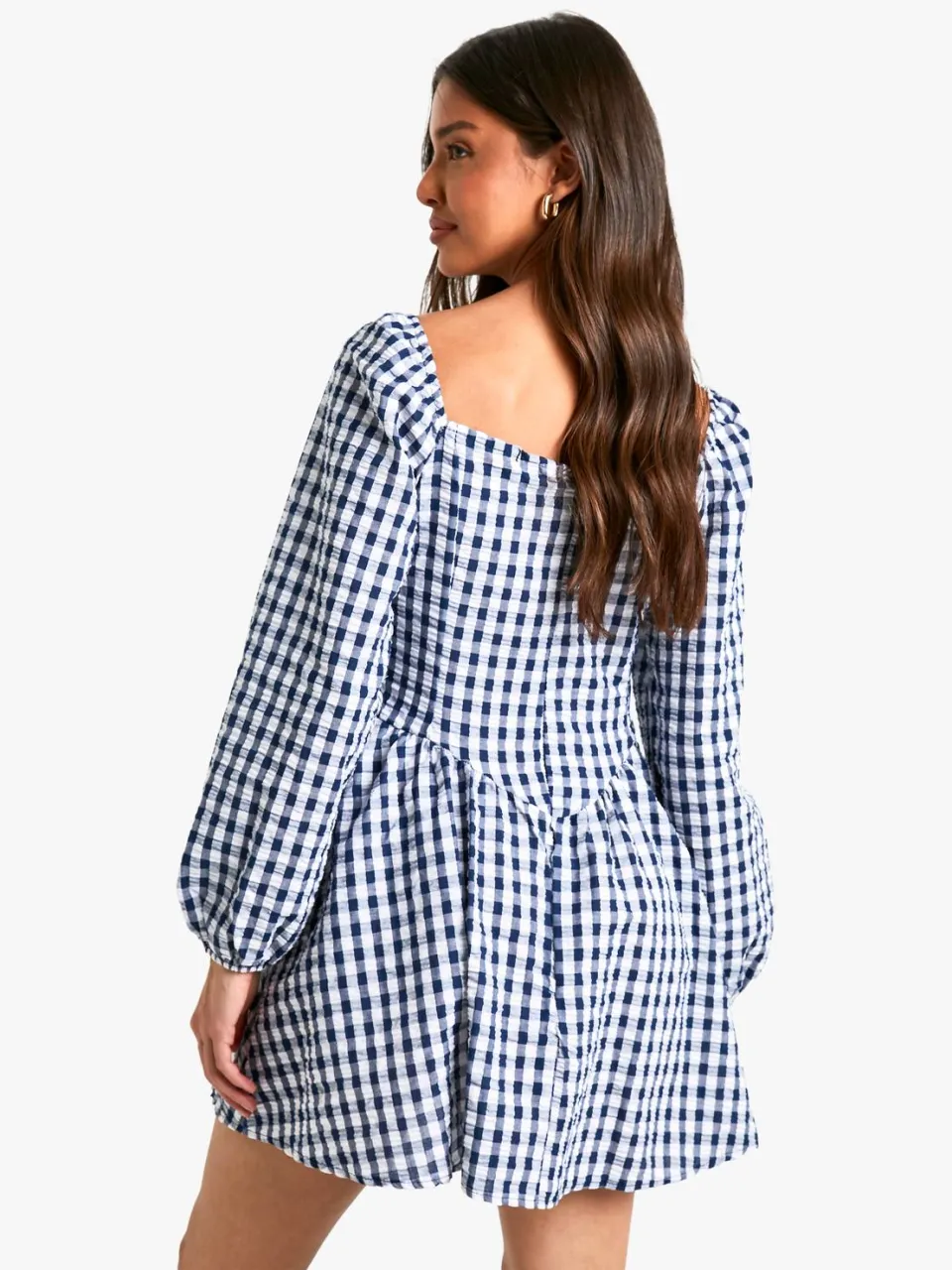 boohoo Dames Gingham Mini Jurk met Lange Mouwen marineblauw, foto 2