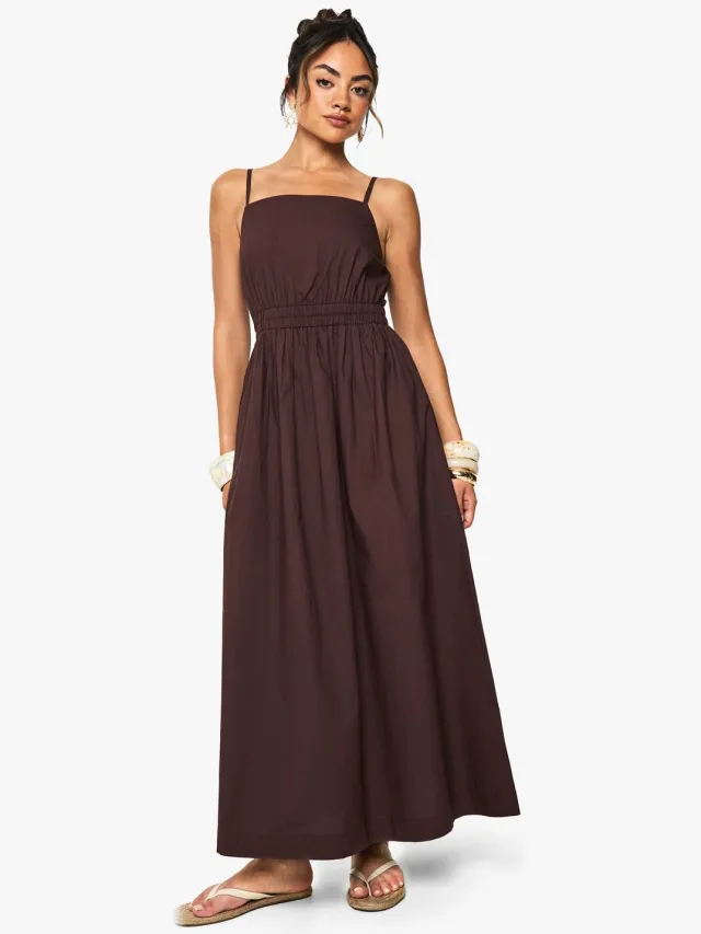 boohoo Dames Midaxi-jurk van poplin met riempjes Chocoladebruin