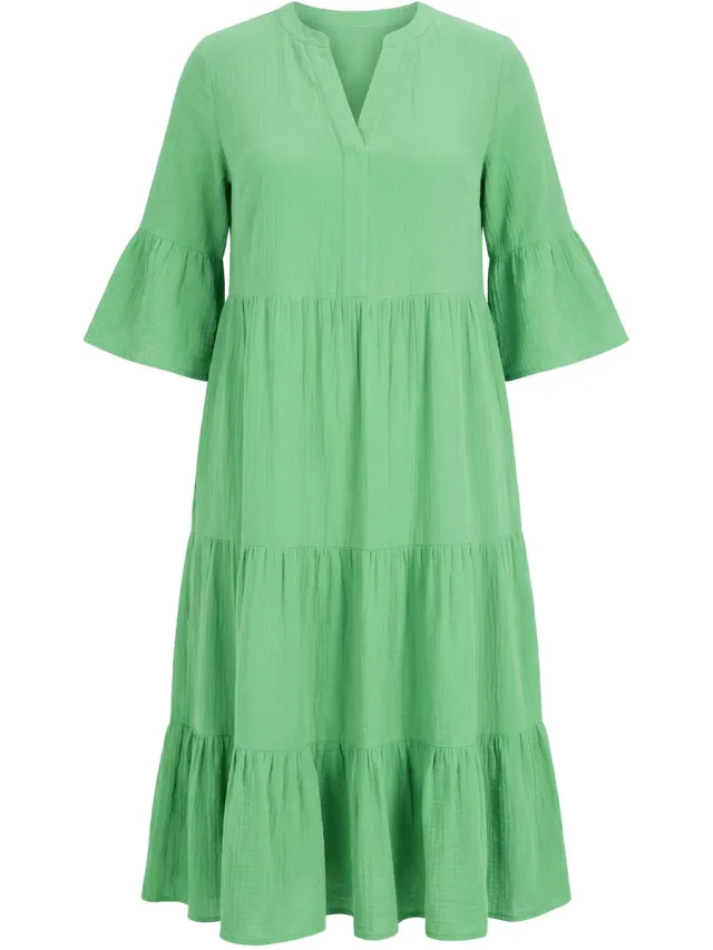Studio Untold Dames - Maxi-jurk A-lijn mousseline opstaande kraag volants - Groen - Maat 46+