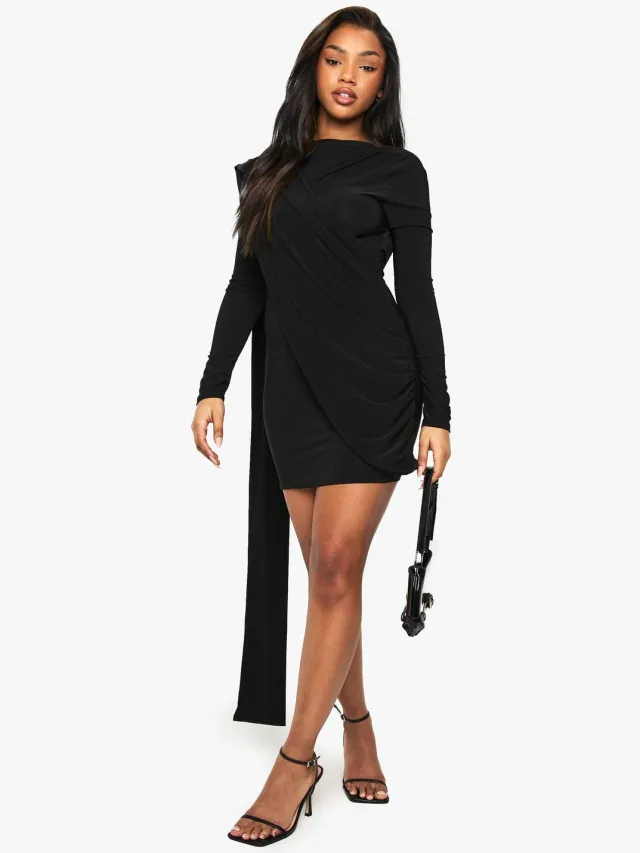 boohoo Dames Slinky Draped Rugloze Mini Jurk Zwart