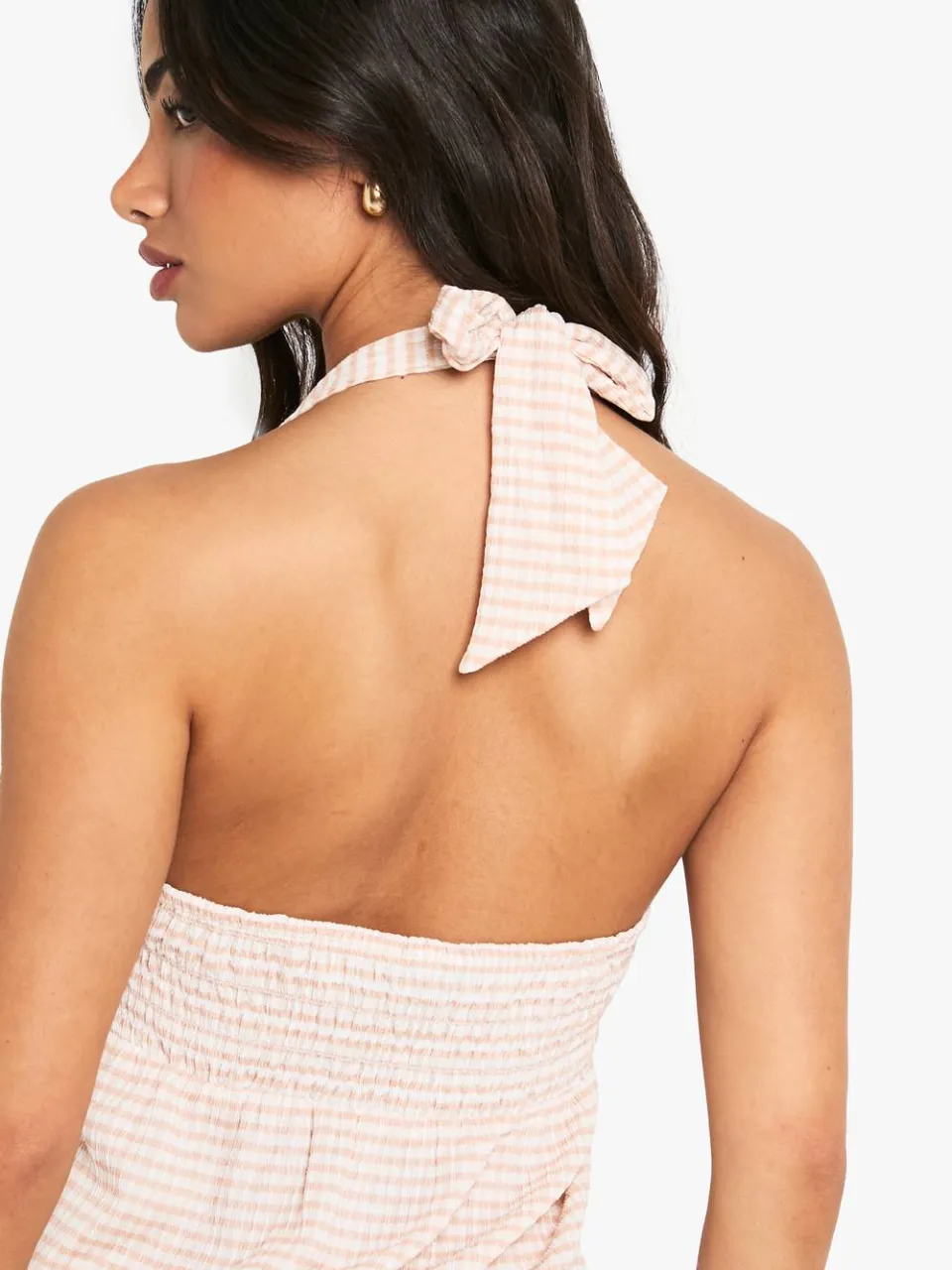 boohoo Dames Petite Getextureerde Gingham Halterneck Swing Mini Jurk steen, foto 4