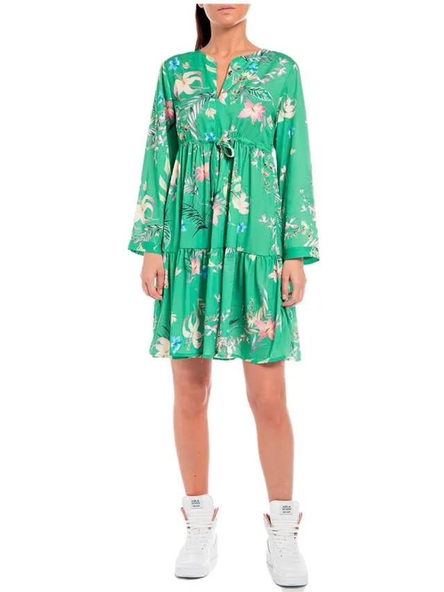 Replay W9602.000.73980 Korte Jurk Met Lange Mouwen Groen S Vrouw Green / Multicolor