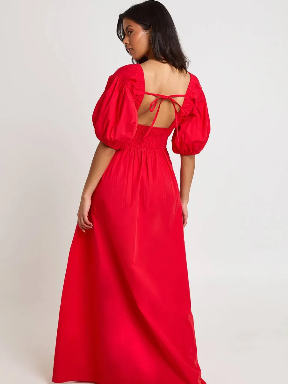 boohoo Dames Katoenen Popeline Maxi Jurk Met Gerimpelde Top V-hals En Pofmouwen rood, foto 2