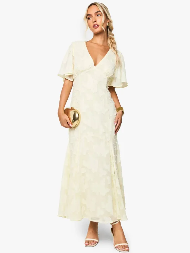boohoo Dames Burnout Floraal Engelenmouw Midaxi-jurk Citroen