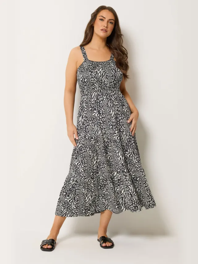 Yours Zwarte Jurk Met Dierenprint En Smockwerk Black