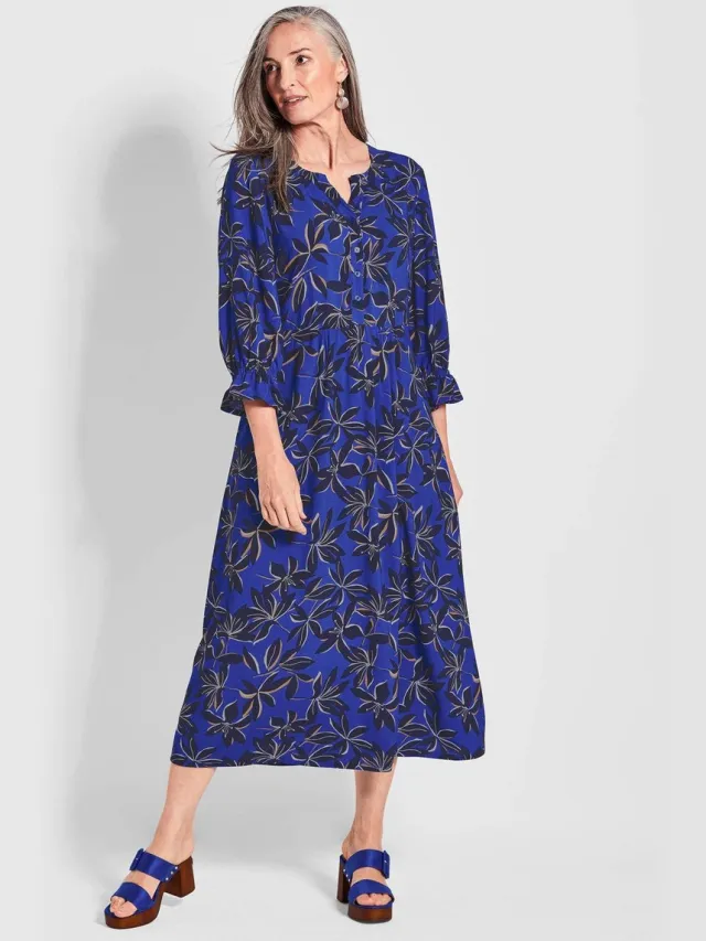 GOLDNER Jurk Soepelvallende viscose jurk met V-hals koningsblauw / marine / gedess.