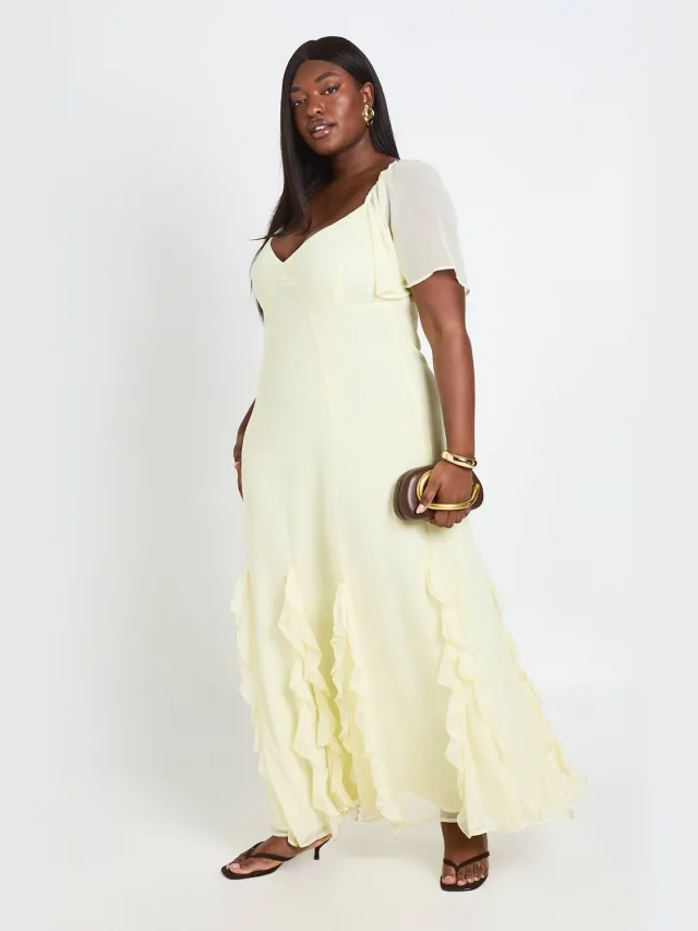 boohoo Dames Plus Chiffon Maxi Jurk Met Pofmouwen En Ruches Citroen