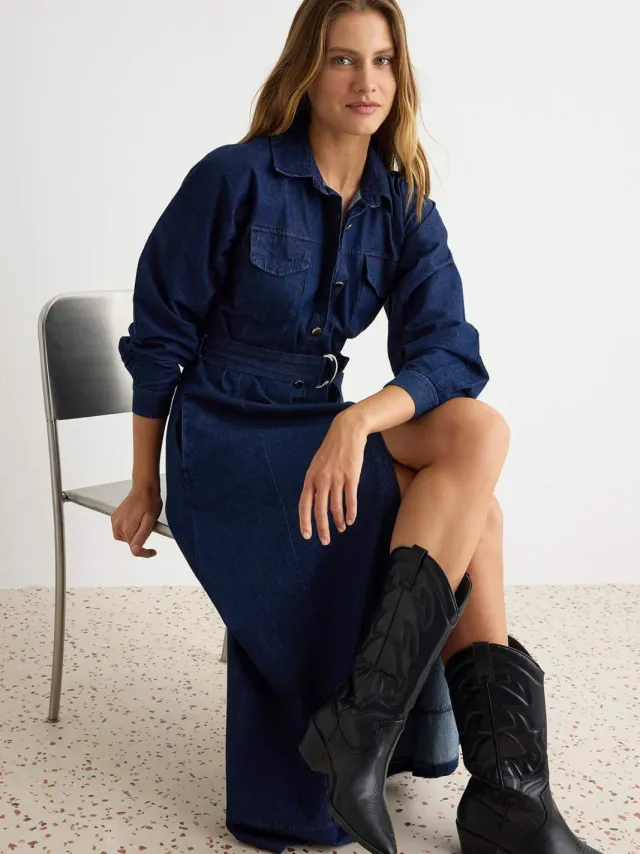 Trendyol TRENDYOLMİLLA Dames Blauw Effen Maxi Lang A-lijn Jurken Donkerblauw