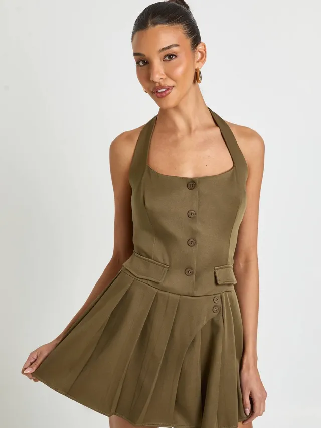 boohoo Dames Utility PlooiDetail Halter Mini Jurk Kaki