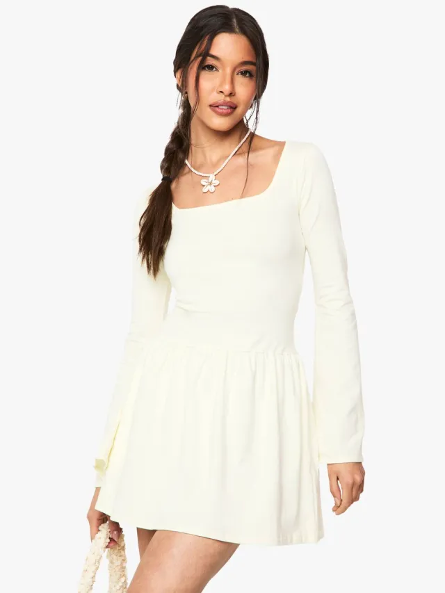 boohoo Dames Mini-jurk met vierkante hals, omgeslagen schouders en een zoom in de vorm van een puffball Citroen