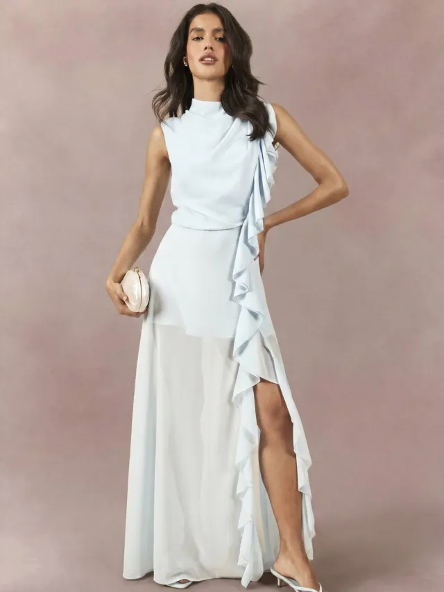 boohoo Dames Chiffon Maxi Jurk Met Hoge Hals En Ruche Detail Stoffig Blauw