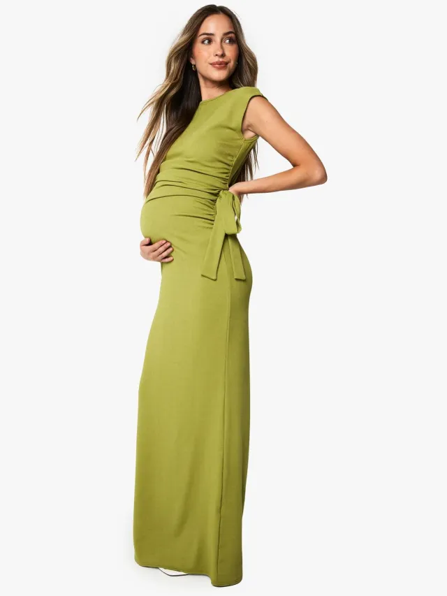 boohoo Dames Zwangerschapsjurk met geribbelde strikdetail maxi jurk Olijf