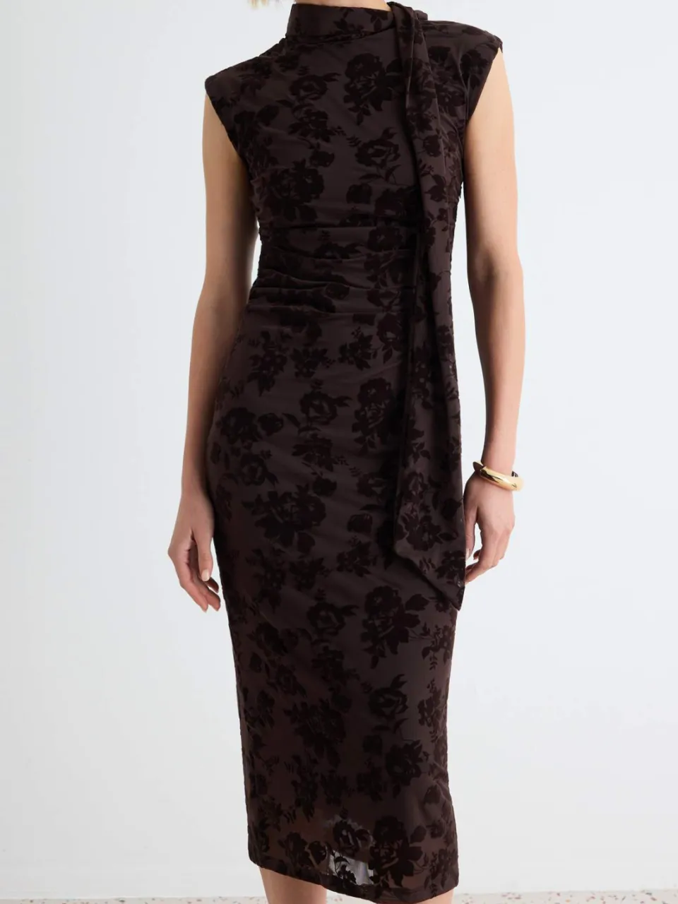Trendyol TRENDYOLMİLLA Dames Bruin Bloemen Midi Mouwloos Bodycon Jurken, foto 2