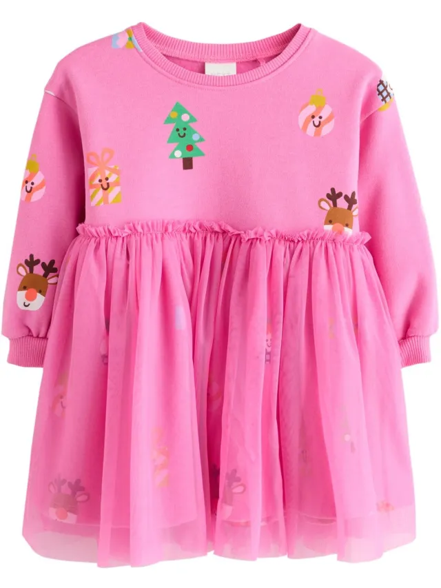 Next Meisjes - Sweaterjurk met mesh en lange mouwen - Roze Bright Pink Christmas