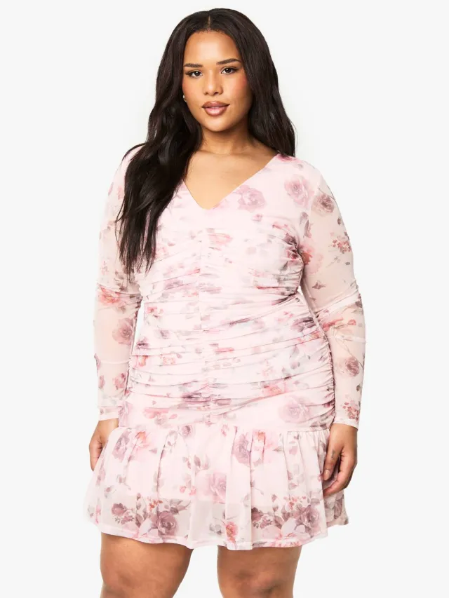 boohoo Dames Plus Floral Mesh Geruikelde Mini-jurk met Volantzoom Blush