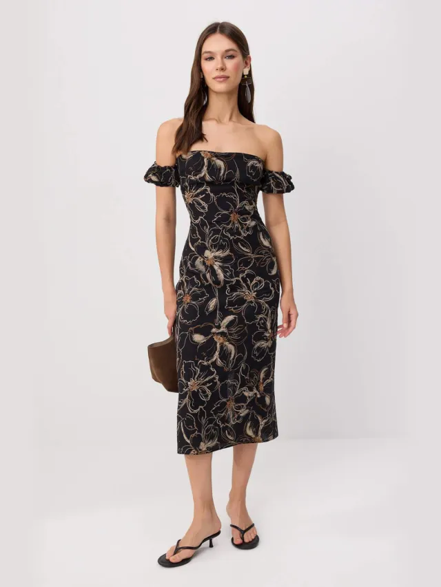 Trendyol TRENDYOLMİLLA Dames Zwart Bloemen Midi Mouwloos Bodycon Jurken