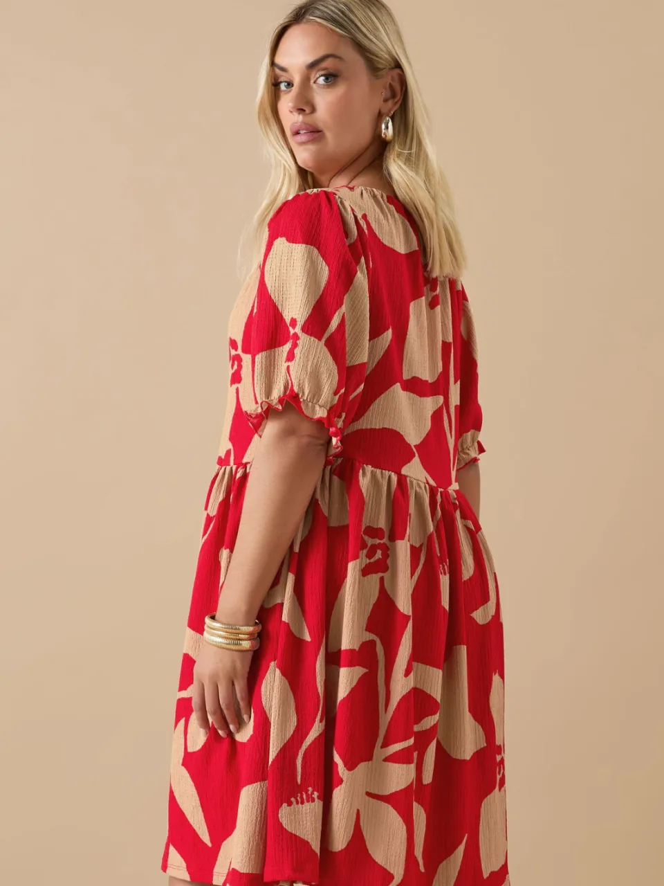 Yours Mini Jurk Met Abstracte Bloemenprint En Striksluiting In Rood-52, foto 3
