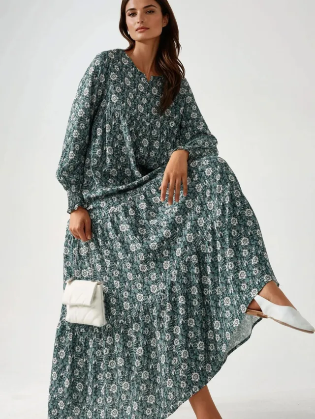 Hiccup Geprinte Crew Neck Viscose Maxi Jurk Saliegroen