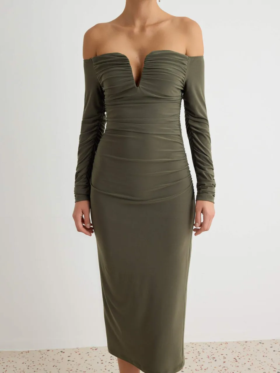 Trendyol TRENDYOLMİLLA Dames Kaki Effen Maxi Driekwart mouw Stijlvol/Avond Bodycon Jurken, foto 2