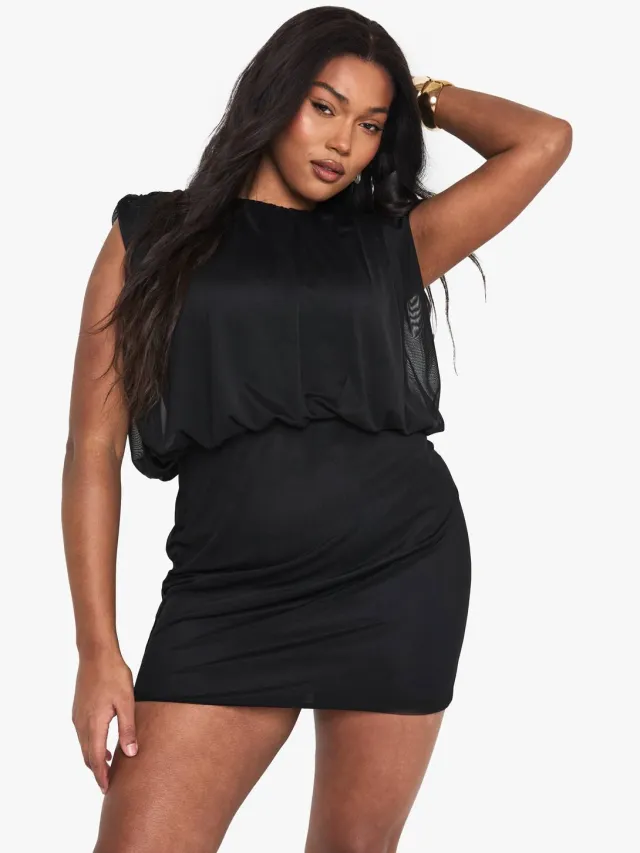 boohoo Dames Plus Mesh Blouson Geraffineerde Mini-jurk Zwart
