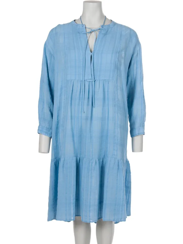 120% Lino jurk blauw met strikkoord aan de hals en volant voor dames - S (36)