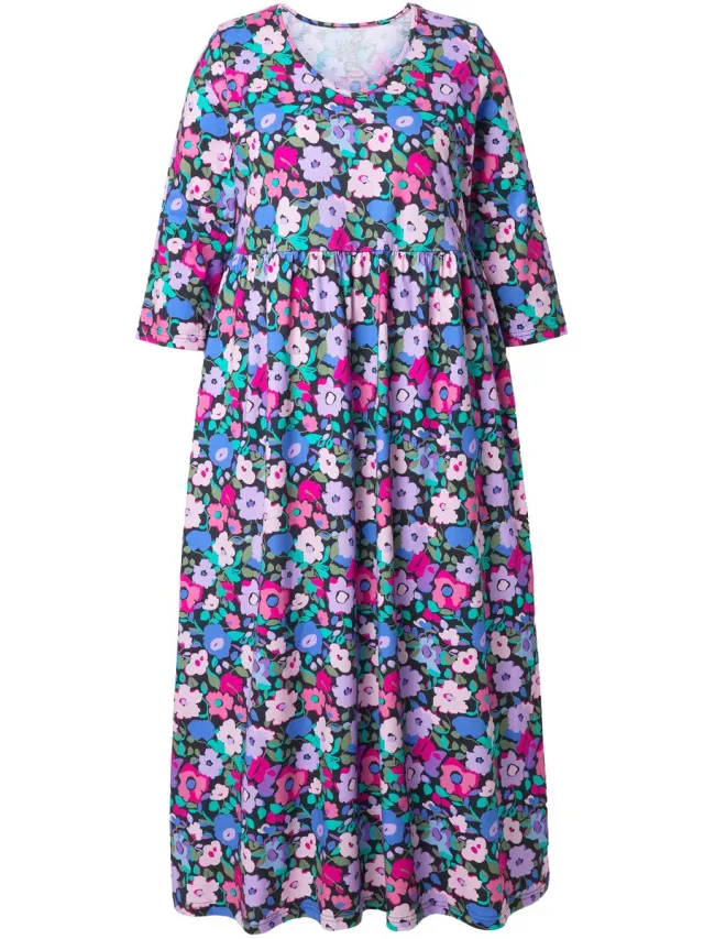 Ulla Popken Dames - Jersey maxi-jurk bloemen A-lijn V-hals 3/4-mouw - Zwart - Maat 54+