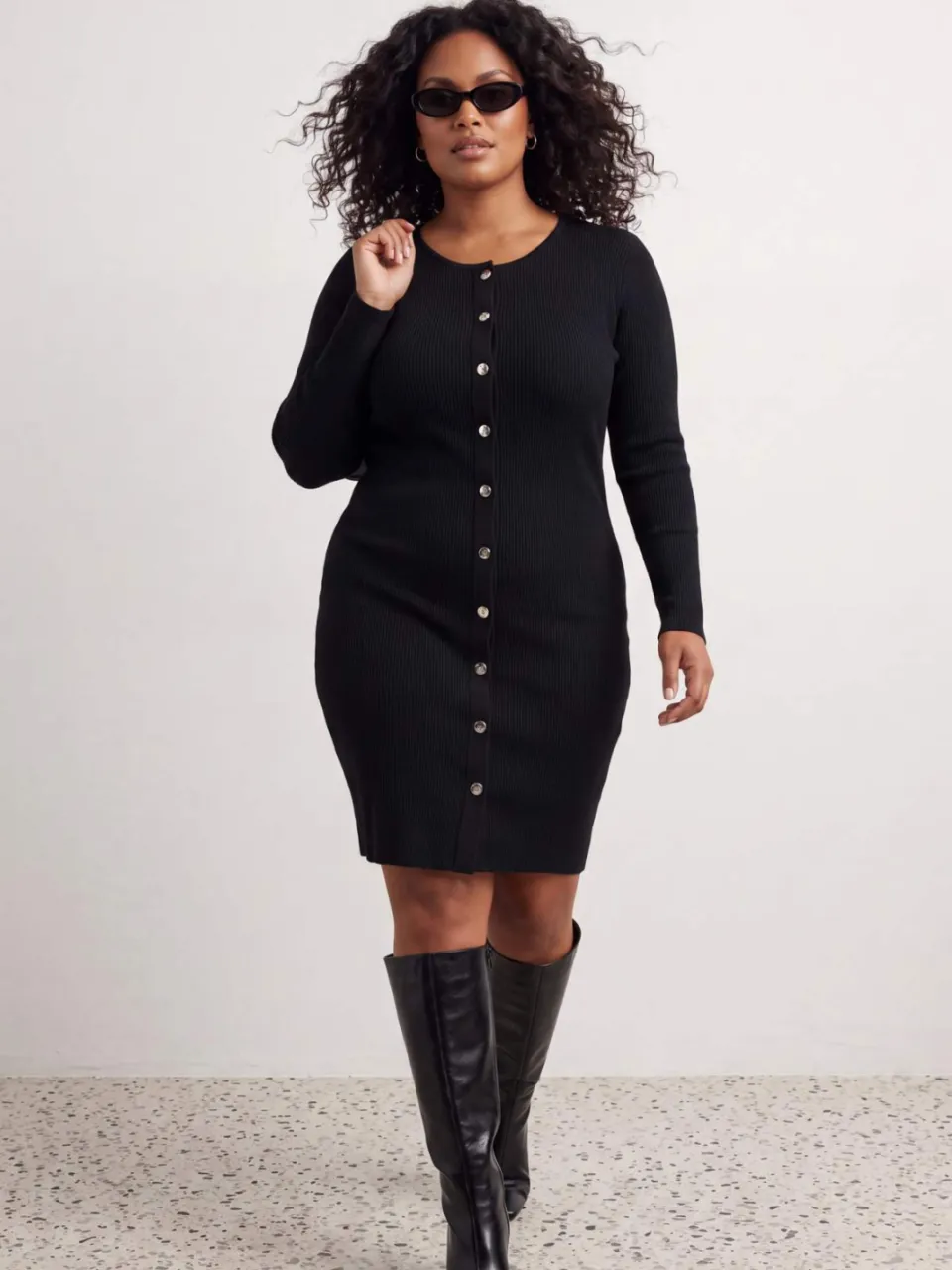 Trendyol Curve Dames Zwart Effen Kort / Mini Lang Bodycon Grote maten Jurk