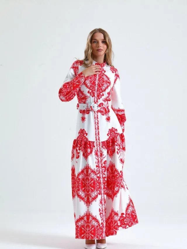 MSN Collection Paisley-print maxi-jurk met strikceintuur en kraag Veelkleurig