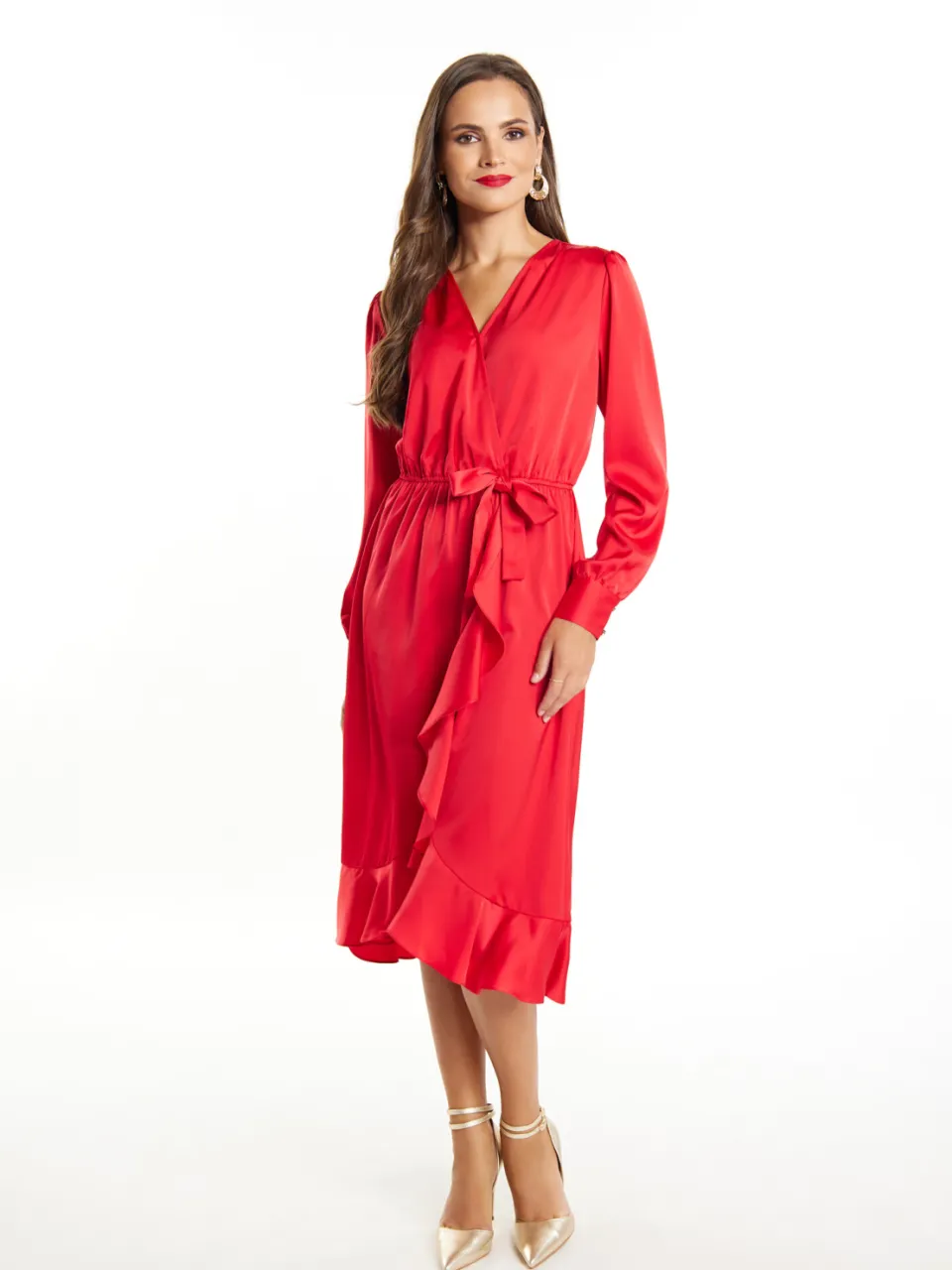 Faina Midi-jurk met lange mouwen Dames rood