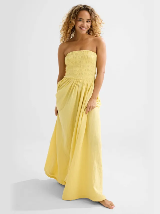 BEACHWAVE strapless mousseline strandjurk lichtgeel geel